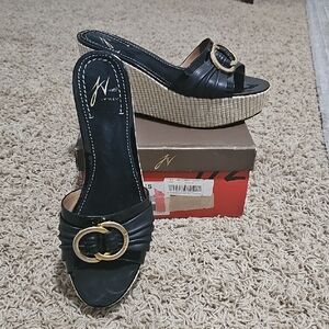 J. Vincent Bermuda Wedge Sandal Platform Shoe Slip On 7.5 Black Tan